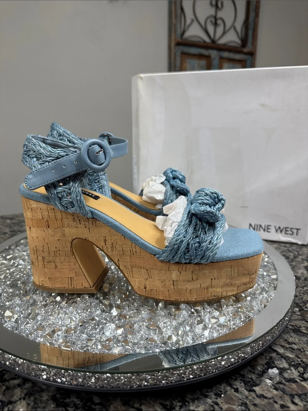 Nine West Comiele Light Blue Braided Cork Platform Sandals NEW 8.5
